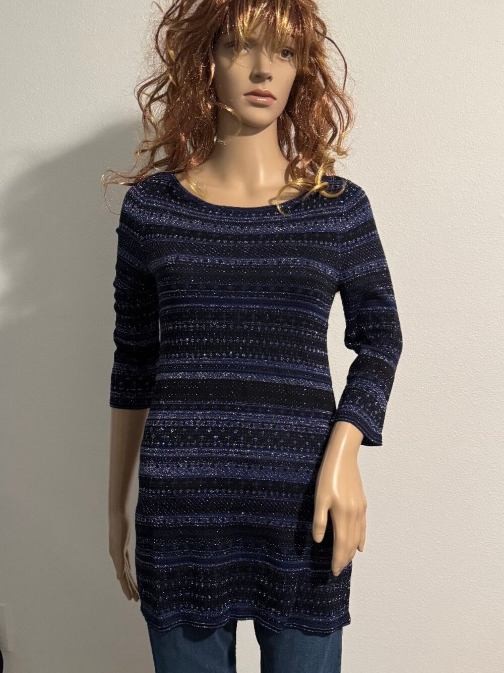 White House Black Market Metallic Blue Fair Isles Tunic Sweater Size XS NWT $98